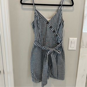 Essue - Blue White Pinstripe Mini Dress w/ Ribbon Wrap & Button Detail- Small